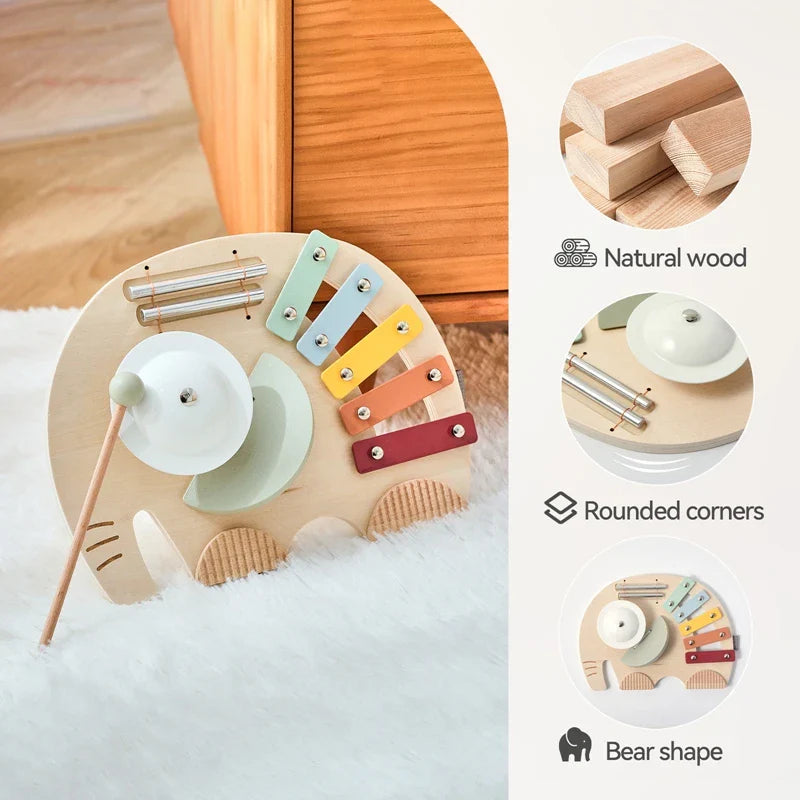Wooden elephant musical toy with close-ups of wood grain and rounded edges