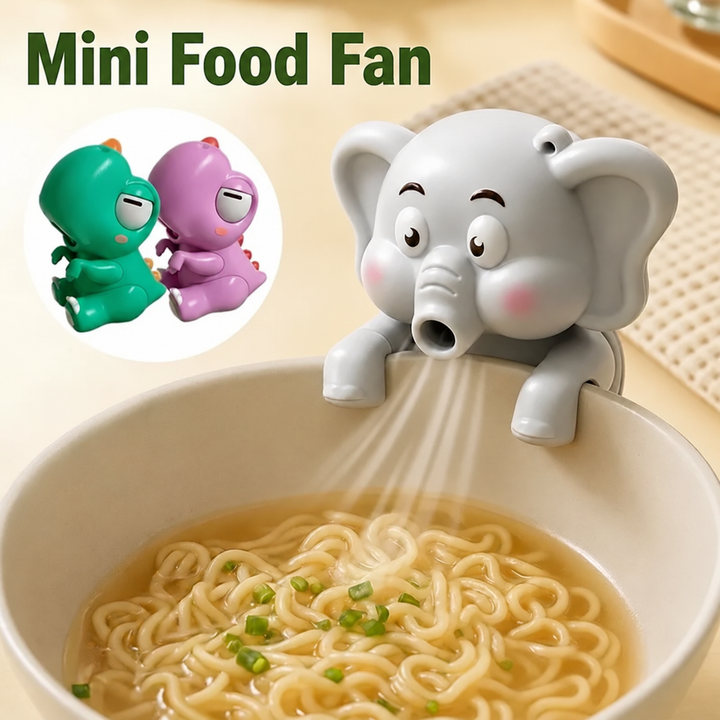 Elephant food fan on a noodle bowl, with pink and green dinosaur styles shown in an inset