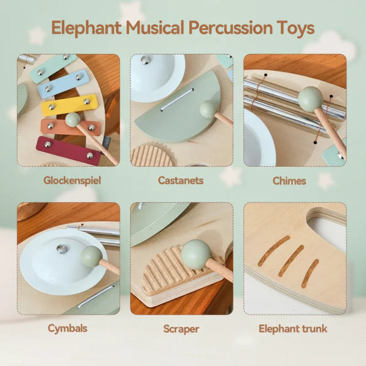 Detail collage of xylophone bars, castanets, chimes, cymbal, and wooden scraper