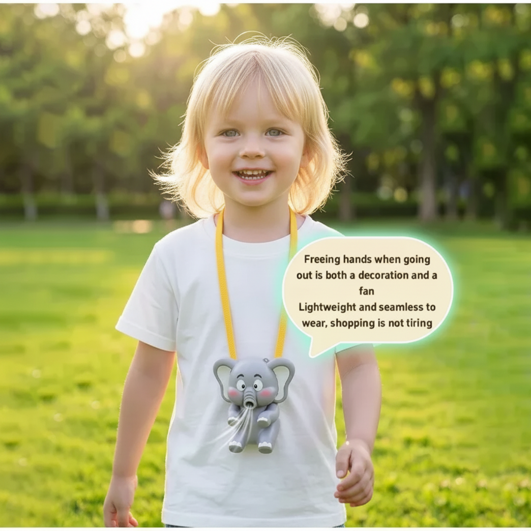 Child outdoors wearing an elephant-shaped fan on a yellow cord