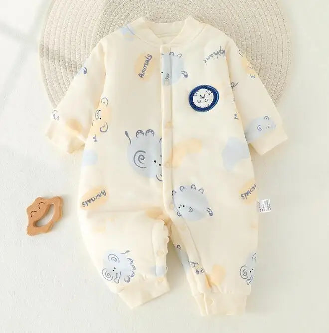 White elephant-print baby pajamas with a stand collar and cuffed sleeves and legs