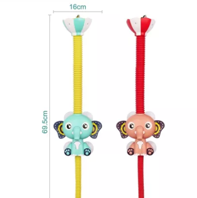 Blue and red elephant showers with measurements labeled 69.5 cm high and 16 cm wide