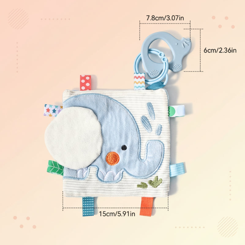 Elephant touch-and-feel book with fabric tabs, a blue teething ring, and size measurements