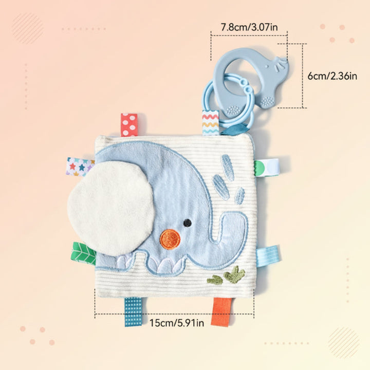 Elephant touch-and-feel book with fabric tabs, a blue teething ring, and size measurements
