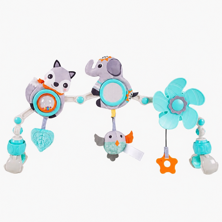Elephant design with a cat, mirror, hanging bird, turquoise flower, and adjustable clips