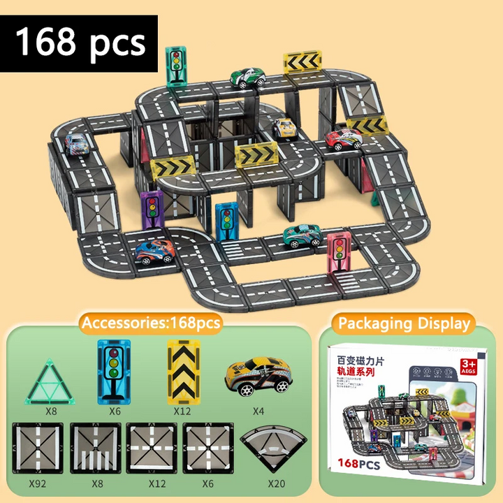 168-piece elevated magnetic road set with cars, signs, supports, and a pictured parts breakdown