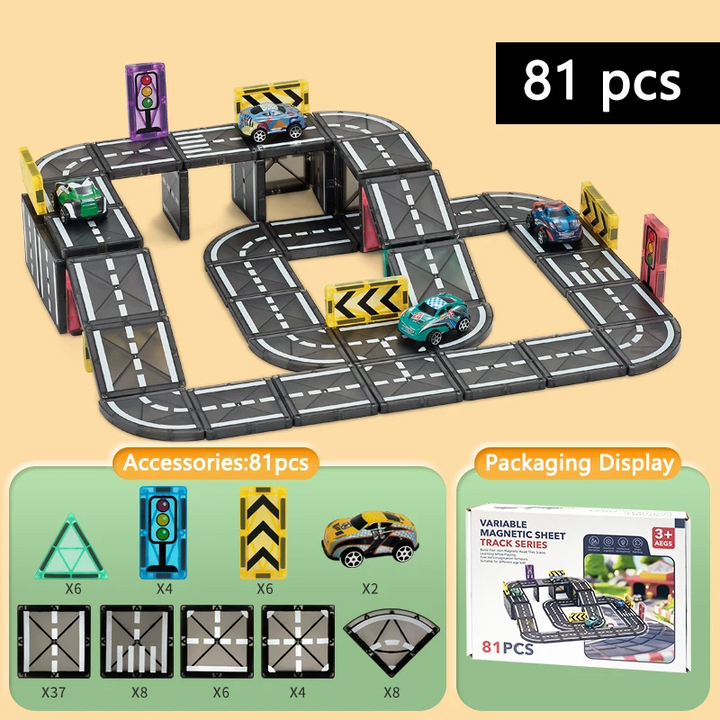 81-piece elevated magnetic road set with cars, ramps, traffic signs, and a pictured parts breakdown
