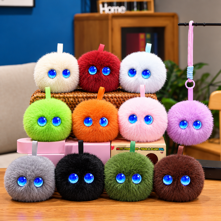 Eleven colorful AI plush toys with blue eyes displayed in three rows