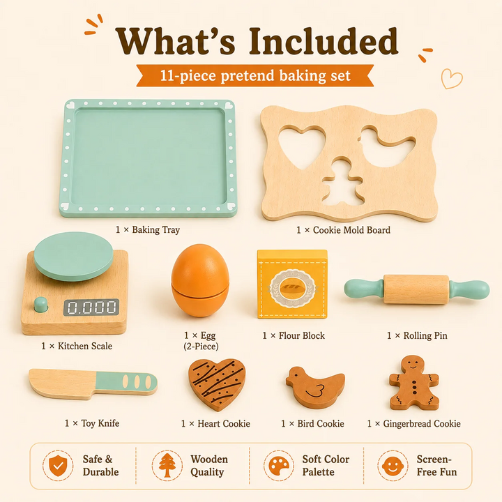 Contents guide for the 11-piece wooden baking set, including three cookie shapes and a two-piece egg