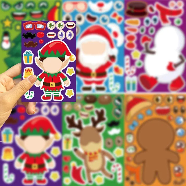 Hand holding an elf sticker sheet with facial features and Christmas accessories