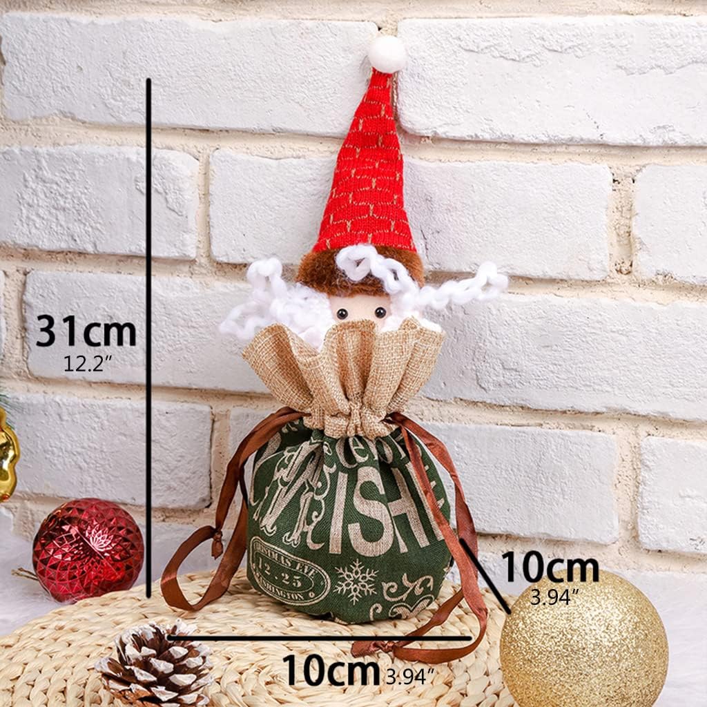 Green elf Christmas gift bag with a tall red hat and measurements of 31 × 10 × 10 cm.