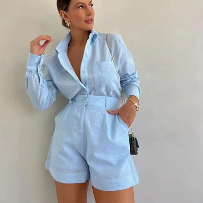 Emberly Linen Blend Blouse Shorts Set Product Image 01