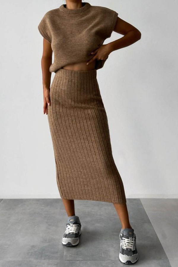 Emberly Ribbed Knit Two Piece Midi Skirt Set Product Image 01