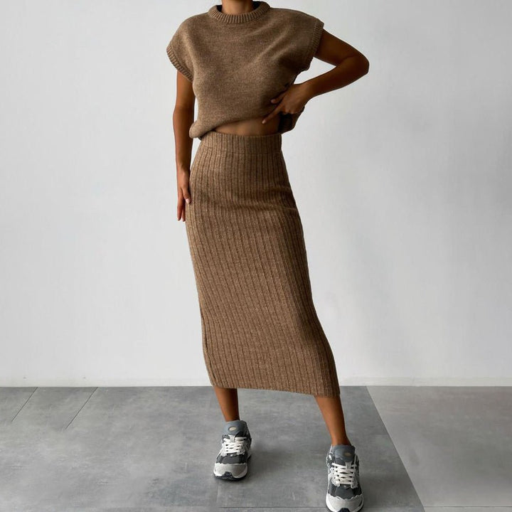 Emberly Ribbed Knit Two Piece Midi Skirt Set Product Image 03