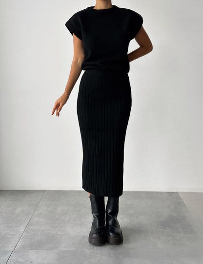 Emberly Ribbed Knit Two Piece Midi Skirt Set Product Image 04