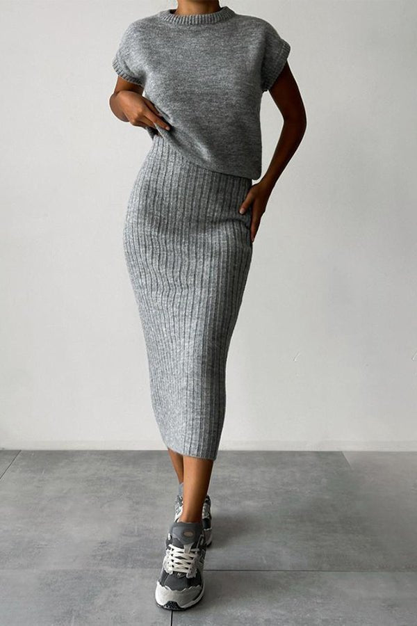 Emberly Ribbed Knit Two Piece Midi Skirt Set Product Image 08