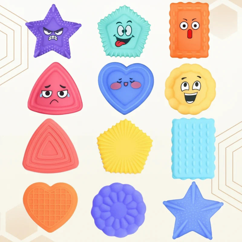 Six colorful emotion shapes shown with their differently textured reverse sides