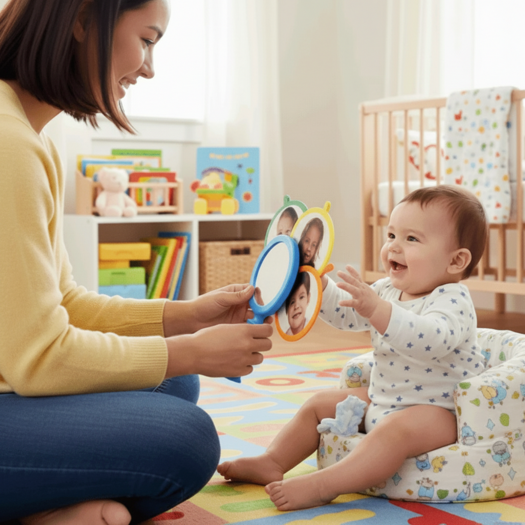 Adult presenting the blue emotion mirror to a child seated on a small chair
