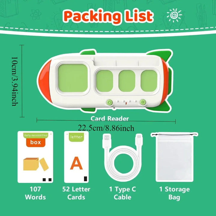 Packing diagram with the reader, 107 word cards, 52 letter cards, USB-C cable, storage bag and measurements.