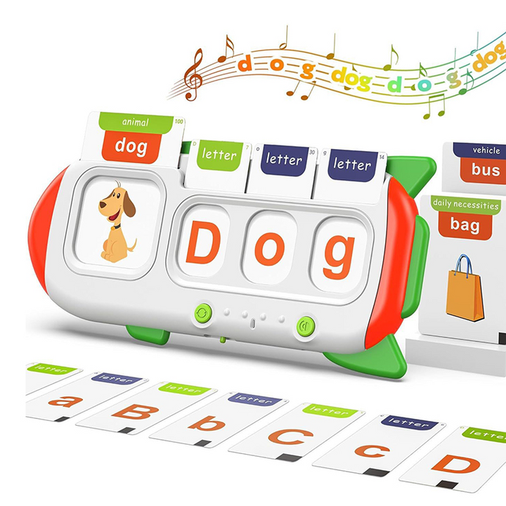 English card reader displaying dog, with bus and bag word cards and separate letter cards.