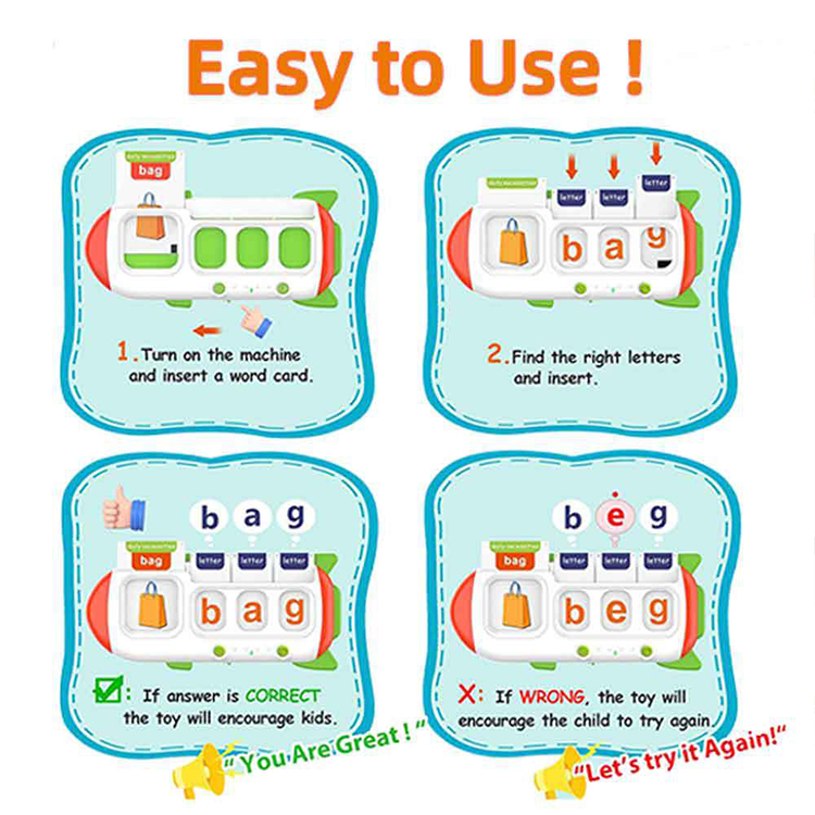 Four-step guide to inserting word and letter cards and receiving correct-or-try-again feedback.