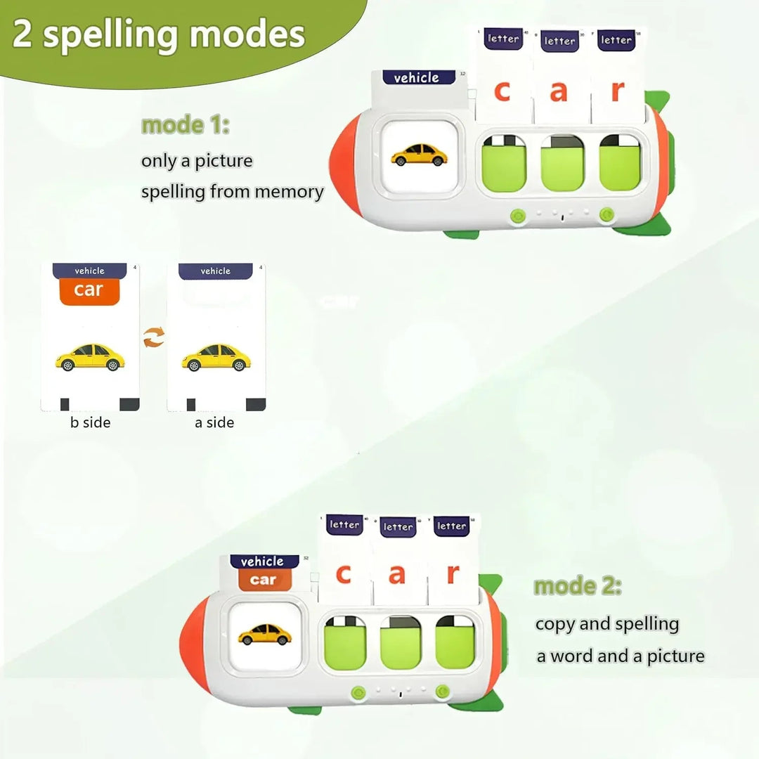 Two spelling modes using a picture alone or a picture with the printed word car.