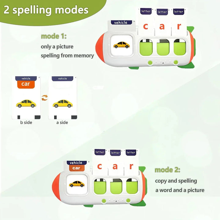 Two spelling modes using a picture alone or a picture with the printed word car.