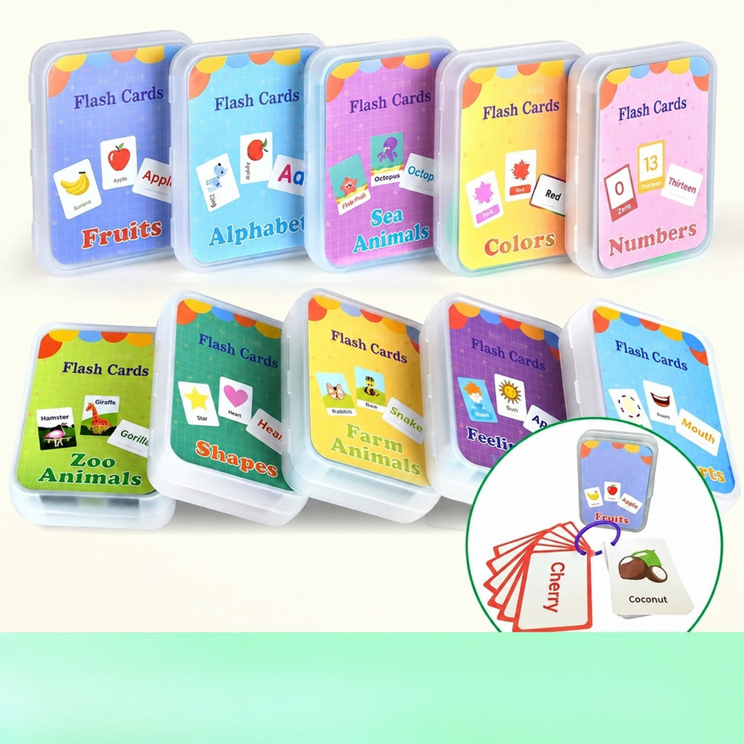 Assorted English flash card themes with storage cases and a ring-bound fruit card set.