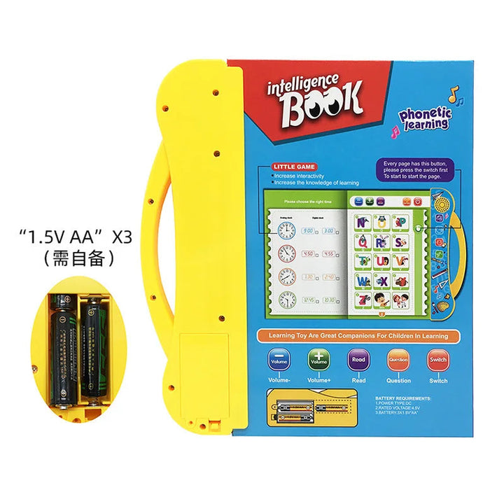 Back of the English learning book with a yellow handle and compartment for three AA batteries