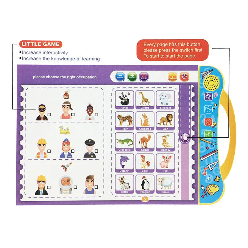 Open learning book showing occupation and animal activities beside colorful sound controls