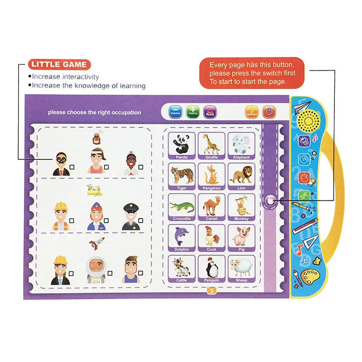 Open learning book showing occupation and animal activities beside colorful sound controls