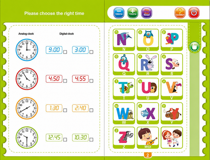 Telling-time activity with analog clocks, digital times and letters N through Z