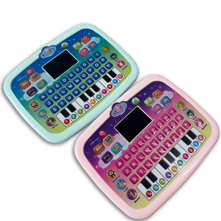 Blue and pink learning toy tablets shown at an angle with letter buttons and colorful number keys