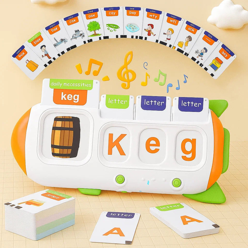 English spelling card reader with a picture card, matching letters and illustrated word cards.