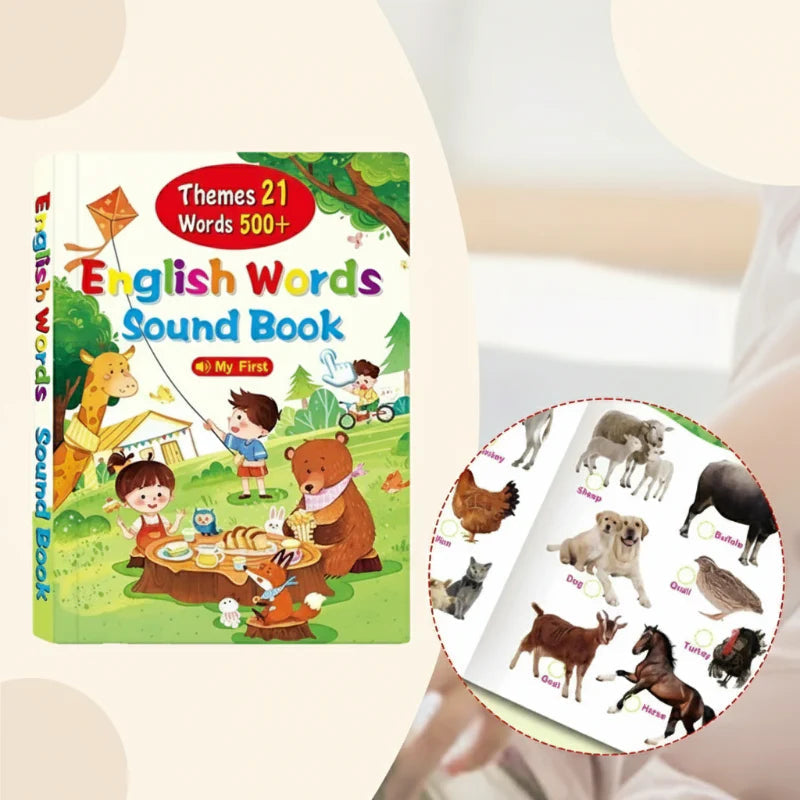Illustrated English sound book cover beside a close-up of animal vocabulary pictures