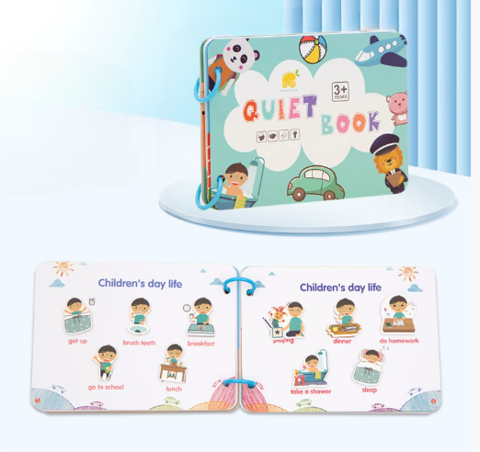 Everyday life quiet book shown closed and open to daily routine matching activities