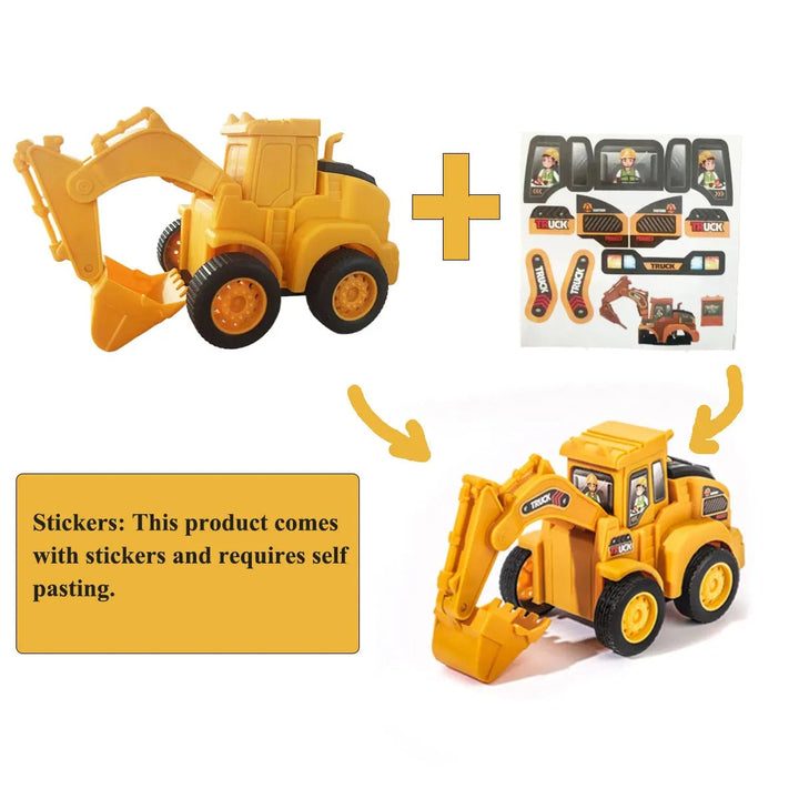Yellow toy excavator shown before and after applying the included stickers