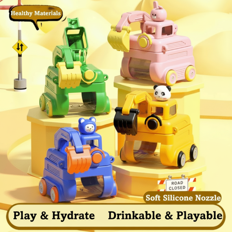 Green, pink, yellow, and blue excavator water bottles arranged on a stepped display