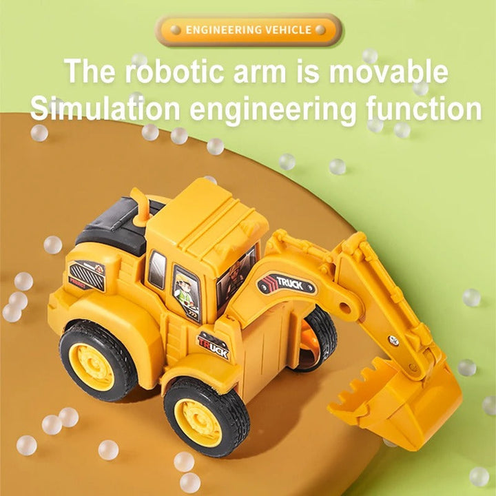 Yellow toy excavator demonstrating movement of its digging arm and bucket