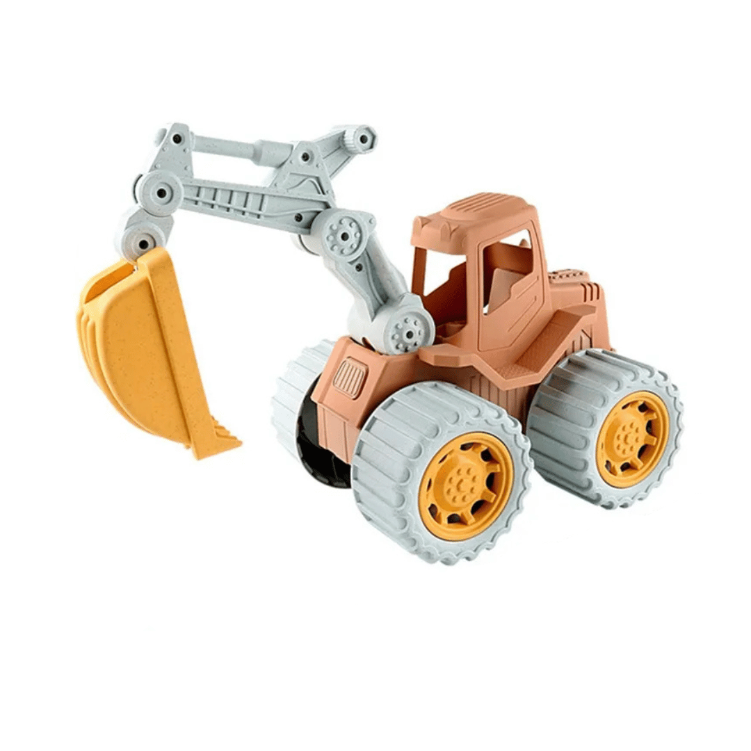 Excavator toy with a raised gray arm, yellow bucket, and chunky wheels