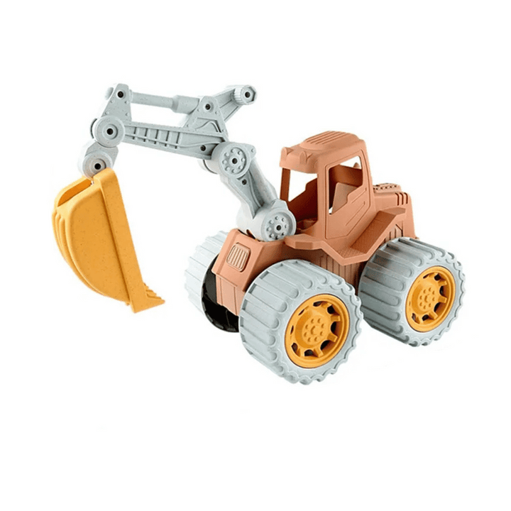 Excavator toy with a raised gray arm, yellow bucket, and chunky wheels