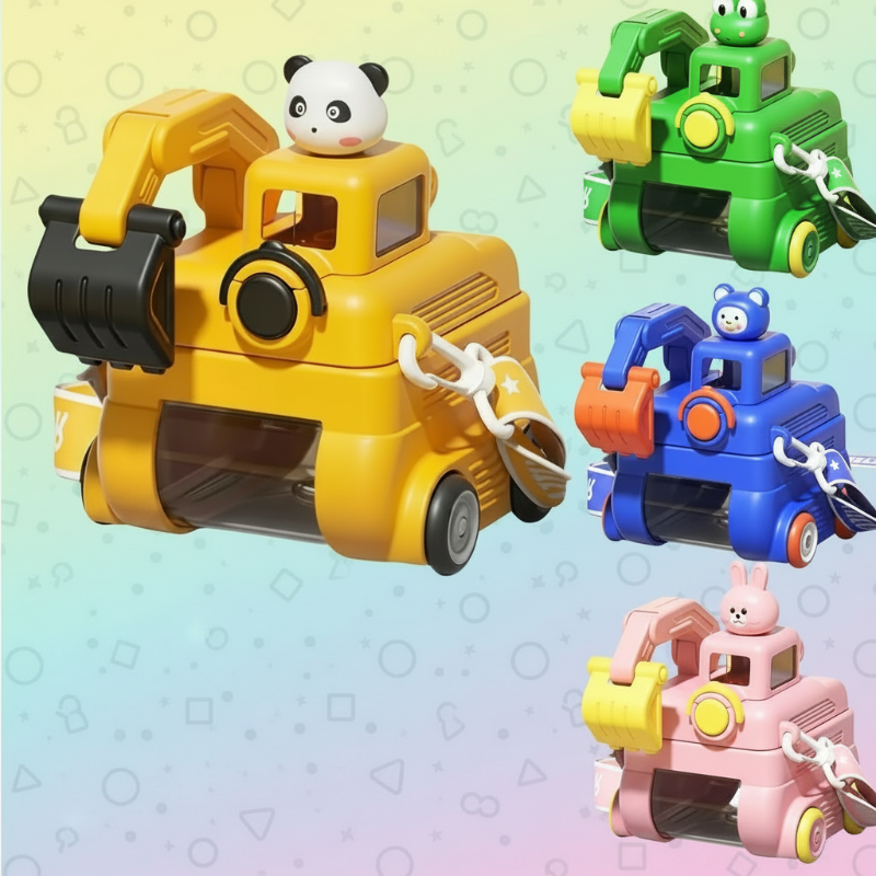 Excavator water bottles in yellow, green, blue, and pink with animal toppers and carrying straps