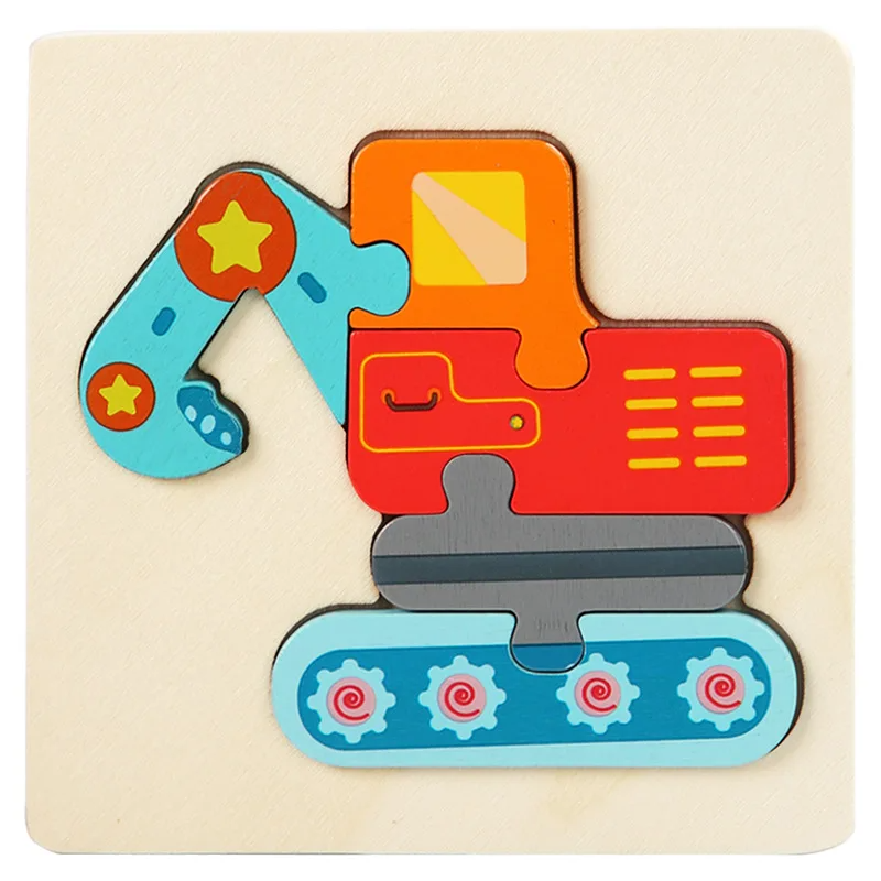 Excavator wooden jigsaw puzzle with a turquoise arm, red body, and blue tracks
