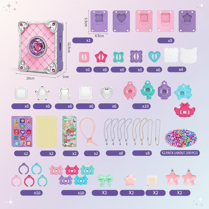 128-piece kit layout showing the craft station, molds, beads, chains, and jewelry components.