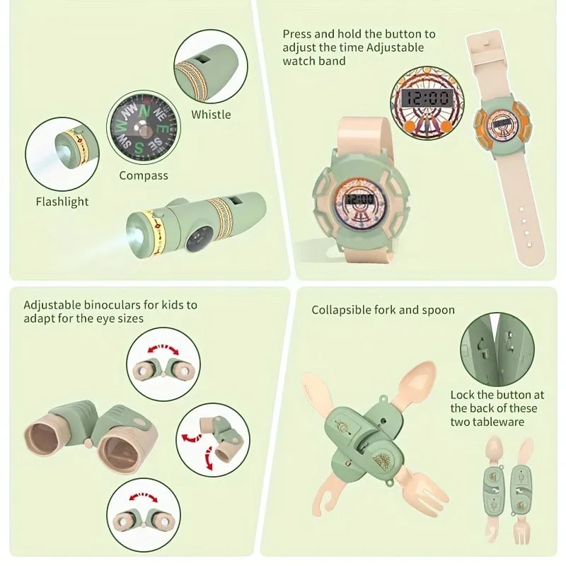 Toy binoculars, compass, flashlight, whistle, watch and folding cutlery with close-up detail views.