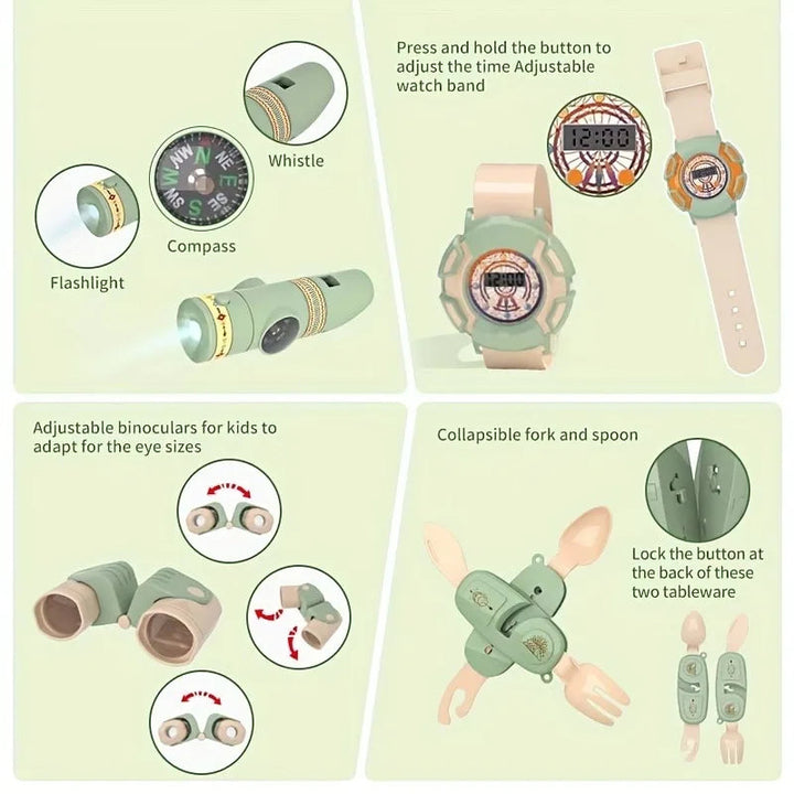 Toy binoculars, compass, flashlight, whistle, watch and folding cutlery with close-up detail views.