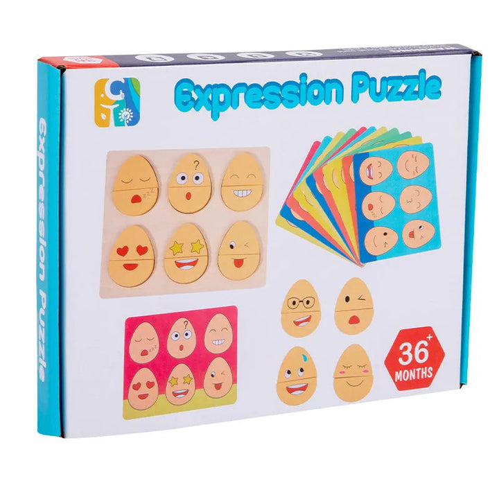 Expression puzzle box showing the wooden board, matching cards, and a 36-month age label
