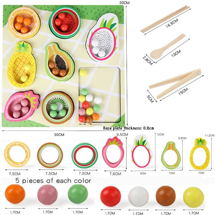 Extended Set measurement chart showing a 30 x 30 cm board, seven fruit bowls, tools, and colored balls