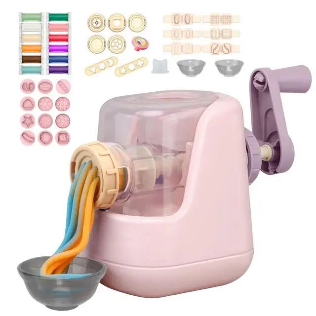 Extended set showing a pink pasta maker, 12 clay colors, and additional food molds and tools