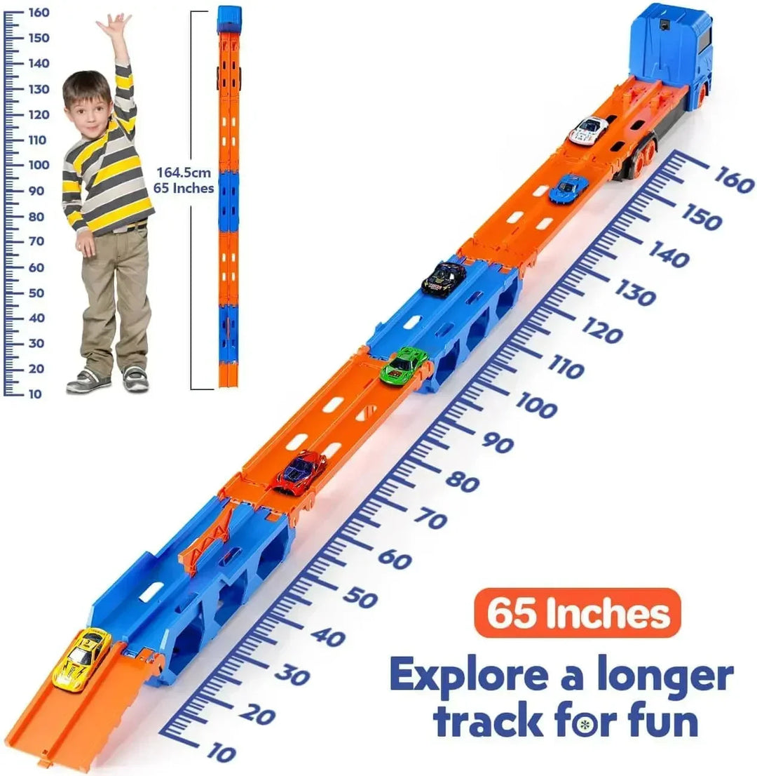 Blue and orange truck racetrack with a measurement graphic showing an extended length of about 65 inches.